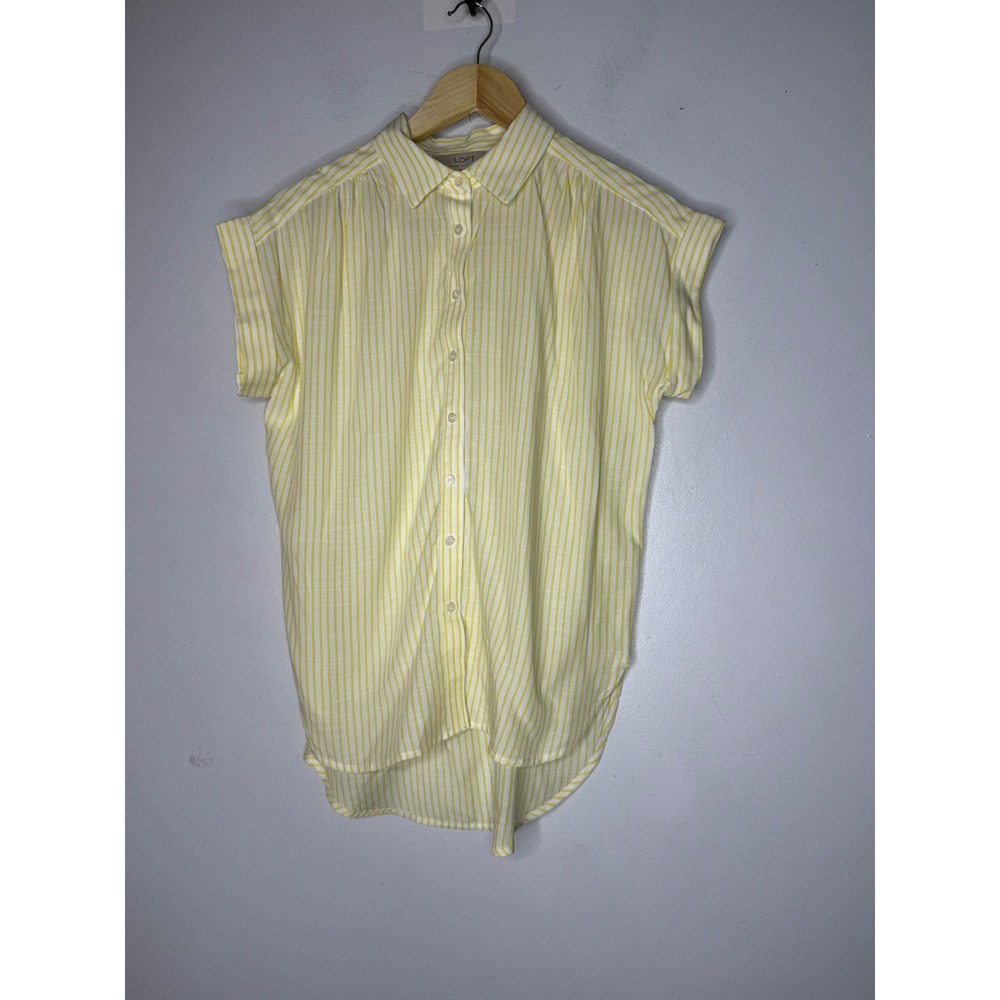 LOFT Womens XS Yellow White Striped Short Sleeve Button Down Shirt Rayon Top